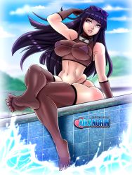 Rule 34 | 1girl, absurdres, aikanorin, bare shoulders, bikini, black hair, blunt bangs, cloud, crop top, day, feet, fishnet gloves, fishnet thighhighs, fishnet top, fishnets, full body, gloves, highres, hyuuga hinata, impossible clothes, legs, lips, long hair, naruto, naruto (series), naruto shippuuden, navel, outdoors, parted lips, purple bikini, sitting, skindentation, sky, soles, solo, sunglasses, sunglasses on head, swimsuit, thighhighs, toes, water, white eyes