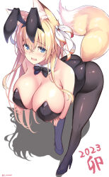 Rule 34 | 1girl, 2023, animal ear fluff, animal ears, arms under breasts, ass, bare shoulders, bent over, black bow, black bowtie, black footwear, black leotard, black pantyhose, blonde hair, blue eyes, bow, bowtie, breast hold, breasts, cleavage, collarbone, commentary request, covered erect nipples, crossed arms, curvy, detached collar, fake animal ears, fox ears, fox tail, from above, hair between eyes, hair ribbon, high heels, highres, huge breasts, konoha (nozomi tsubame), leotard, light blush, long hair, looking at viewer, new year, nozomi tsubame, open mouth, original, pantyhose, playboy bunny, rabbit ears, ribbon, shadow, simple background, skindentation, solo, strapless, strapless leotard, tail, tareme, traditional bowtie, white background