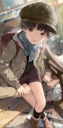 Rule 34 | 1boy, :d, backpack, bag, beige jacket, bench, blue scarf, blunt bangs, blush, breath, brown eyes, brown footwear, brown hair, brown shorts, cabbie hat, cocolo (co co lo), crossed legs, day, from above, hand grab, hand on another&#039;s thigh, hat, highres, jacket, looking at viewer, male focus, open clothes, open jacket, open mouth, original, outdoors, scarf, sett, shoes, short hair, short shorts, shorts, sitting, smile, snowing, socks, solo focus, wooden bench