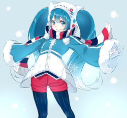 Rule 34 | 1girl, blue eyes, blue hair, gloves, gradient background, gradient hair, hatsune miku, long hair, looking at viewer, matching hair/eyes, moochirin, multicolored hair, pantyhose, pantyhose under shorts, scarf, shorts, smile, snowflakes, solo, striped clothes, striped scarf, twintails, very long hair, vocaloid, white gloves, wide sleeves, yuki miku, yuki miku (2016) (candidate no.1)