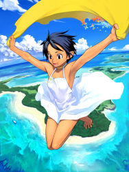 Rule 34 | 1girl, armpits, barefoot, beach, black hair, brown eyes, choker, cloud, day, dress, feet, female focus, flying, forest, full body, happy, island, nature, nishino juutarou, ocean, original, outdoors, pointy ears, red eyes, short hair, sky, solo, spread toes, tan, toes, water, white dress
