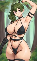 Rule 34 | 1girl, abs, absurdres, arm up, armpits, bikini, black bikini, blurry, blurry background, breasts, cleavage, closed mouth, collarbone, commentary, cowboy shot, cromwellb, english commentary, forest, green hair, highleg, highleg bikini, highres, holding, holding weapon, large breasts, looking at viewer, medium hair, nature, navel, purple eyes, side ponytail, smile, solo, sousou no frieren, swimsuit, thick thighs, thigh strap, thighs, toned, tree, twitter username, ubel (sousou no frieren), weapon