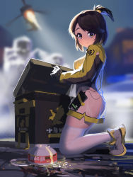 Rule 34 | 1girl, absurdres, amigo (hua cao), ass, black hair, breasts, brown eyes, cellphone, chinese commentary, commentary request, grey footwear, highres, kneeling, looking at viewer, medium breasts, medium hair, original, phone, ponytail, see-through, smartphone, smile, socks, thighhighs, thighs, translation request, white socks