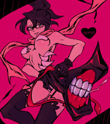 Rule 34 | 1girl, brown hair, character name, collaboration, extra mouth, folded ponytail, garter straps, glasses, gloves, heart, heart-shaped pupils, kyouhei hei, monster girl, pasties, pink background, scarf, skullgirls, smile, solo, symbol-shaped pupils, thighhighs, venus (skullgirls), yojio (2188)