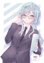 Rule 34 | 1girl, alternate hairstyle, bespectacled, black necktie, blazer, blue eyes, blue hair, border, buttoned cuffs, buttons, collared shirt, commentary request, dress shirt, drop shadow, food name, formal, glasses, grey-tinted eyewear, hair between eyes, highres, hinomori shizuku, holding thermos, jacket, kikuha kobeni, lapels, blue background, light blue hair, long hair, long sleeves, looking at viewer, low ponytail, mole, mole under mouth, necktie, notched lapels, outside border, parted lips, partial commentary, project sekai, purple jacket, shirt, solo, spoken food, striped background, suit, suit jacket, thermos, tinted eyewear, two-tone background, white background, white border, white shirt