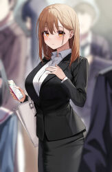 Rule 34 | 1girl, absurdres, bag, black skirt, blazer, blurry, blurry background, blush, breasts, brown eyes, brown hair, business suit, cellphone, cowboy shot, formal, hand on own chest, handbag, highres, jacket, large breasts, looking at viewer, mole, mole under eye, office lady, ol-chan (udon), original, pantyhose, parted lips, pencil skirt, phone, shirt, shoulder bag, skirt, smartphone, solo focus, suit, udon (udonalium), white shirt, wing collar