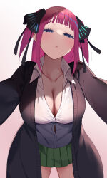 Rule 34 | 1girl, absurdres, black cardigan, black ribbon, blue eyes, blunt bangs, breasts, butterfly hair ornament, button gap, cardigan, cleavage, collarbone, collared shirt, commentary, go-toubun no hanayome, gradient background, green skirt, hair ornament, hair ribbon, half-closed eyes, highres, hometere, large breasts, leaning forward, looking at viewer, medium hair, nakano nino, open cardigan, open clothes, open mouth, partially unbuttoned, pink hair, pleated skirt, ribbon, school uniform, shirt, sidelocks, skirt, solo, white shirt