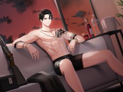 Rule 34 | 1boy, armlet, bare legs, bare shoulders, black coat, black hair, black male swimwear, blue eyes, bottle, bracelet, bucket, case, chaise longue, chulsoo kim (closers), closers, cloud, coat, unworn coat, couch, cup, cushion, dark clouds, drink, drinking glass, dutch angle, expressionless, feet out of frame, floral print, forehead, gun, highres, ice, ice bucket, ice cube, indoors, jammers, jewelry, leaf, legs apart, looking at viewer, male focus, male swimwear, navel, necklace, official art, on couch, open window, pectorals, red sky, rifle, ring, short hair, shoulder tattoo, sitting, sky, soda bottle, solo, stomach, swept bangs, table, tattoo, toned, toned male, topless male, water bottle, weapon, window