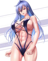 Rule 34 | 1girl, abs, bare shoulders, bikini, blue hair, blush, breasts, earrings, hair between eyes, highres, iris heart, jewelry, kami jigen game neptune v, large breasts, long hair, looking at viewer, muscular, muscular female, neptune (series), pink eyes, power symbol, power symbol-shaped pupils, rikadoh, solo, swimsuit, symbol-shaped pupils