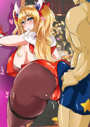 Rule 34 | 1boy, 1girl, against wall, alternate costume, ass, blonde hair, blue eyes, bolobolo, breasts, buttjob, buttjob over clothes, cameltoe, christmas, cleft of venus, erection, fuuma kotarou (taimanin series), heart, heavy breathing, hetero, highleg, highleg leotard, highres, huge ass, huge breasts, imminent penetration, leotard, lips, long hair, looking at viewer, looking back, muscular, muscular male, official alternate costume, onizaki kirara, presenting, red leotard, shiny skin, sweat, taimanin (series), taimanin rpgx, trembling, twintails, very long hair, wide hips