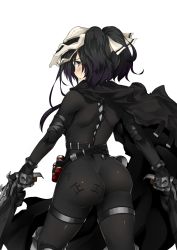 Rule 34 | 1girl, ass, backboob, bba1985, belt, black eyes, black hair, blush, body writing, bodysuit, bow, breasts, cape, dual wielding, from behind, frown, gender request, genderswap, gun, hair bow, highres, holding, huge ass, long hair, looking at viewer, looking back, mask, overwatch, overwatch 1, reaper (overwatch), shiny clothes, skin tight, solo, thigh strap, transparent background, twintails, weapon