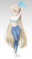 Rule 34 | 1girl, absurdly long hair, absurdres, arms up, asuna (blue archive), blue archive, blue eyes, blue halo, blue pants, blue ribbon, breasts, cleavage, cropped shirt, denim, eyes visible through hair, full body, gradient background, hair over one eye, hair ribbon, halo, highres, jeans, large breasts, light brown hair, long hair, looking at viewer, midriff, navel, pants, ribbon, rinrasetsu, shirt, shoes, short sleeves, simple background, smile, solo, stomach, very long hair, white footwear, white shirt