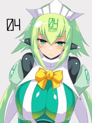 Rule 34 | 1girl, blush, bodysuit, bombergirl, bow, breasts, closed mouth, edobox, emera (bombergirl), green bodysuit, green eyes, green hair, grey background, hair between eyes, large breasts, looking at viewer, neck garter, short hair, simple background, solo, yellow bow