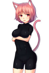 Rule 34 | 1girl, :o, animal ear fluff, animal ears, bad id, bad tumblr id, blush, bodypaint, bodysuit, breast hold, breasts, cameltoe, cat ears, cat girl, cat tail, clothing cutout, collarbone, covered navel, cowboy shot, embarrassed, fang, female focus, highres, large breasts, looking away, open mouth, original, painted clothes, pink hair, raised eyebrows, red eyes, shiny clothes, shone, short hair, simple background, skin tight, solo, standing, tail, tail through clothes, turtleneck, unitard, white background