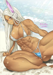 Rule 34 | 1girl, abs, animal ears, arm support, bare arms, bare shoulders, barefoot, beach, biceps, bikini, boku no hero academia, breasts, closed mouth, collarbone, dark-skinned female, dark skin, day, gluteal fold, groin, halterneck, highres, large breasts, leaning to the side, long hair, micro bikini, mirko, muscular, muscular female, navel, navel piercing, on ground, outdoors, partially visible vulva, piercing, rabbit ears, rabbit girl, red eyes, sand, shosho oekaki, sitting, slit pupils, smile, solo, spread legs, stomach, swimsuit, thick thighs, thighs, very long hair, white hair