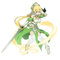 Rule 34 | 1girl, armor, blonde hair, boots, breastplate, breasts, cleavage, floating hair, full body, garter belt, gloves, green eyes, green gloves, green skirt, hair between eyes, hair ornament, hair tubes, highres, holding, holding sword, holding weapon, leafa, leafa (terraria), long hair, medium breasts, official art, open mouth, ponytail, sidelocks, skirt, solo, standing, sword, sword art online, sword art online: memory defrag, thigh boots, thighhighs, thighs, transparent background, very long hair, weapon, white footwear