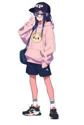 Rule 34 | 1girl, absurdres, bare legs, baseball cap, black hat, blue hair, blue shorts, closed mouth, colored inner hair, commentary request, full body, glasses, hat, highres, hood, hoodie, index finger raised, long hair, long sleeves, looking at viewer, mikanpop, multicolored hair, original, pink hoodie, puffy sleeves, red eyes, red hair, shoes, shorts, sidelocks, simple background, sleeves past wrists, smile, sneakers, socks, solo, standing, tachi-e, white background, white socks