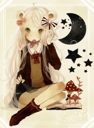 Rule 34 | 1girl, ahoge, animal ears, black jacket, blue eyes, book, boots, border, bow, bowtie, candy, clothes lift, commentary request, crescent moon, flower, food, full body, hair bow, hair flower, hair ornament, hand in own hair, jacket, lollipop, long hair, looking at viewer, moon, mouth hold, mushroom, open book, original, red bow, red bowtie, sitting, skirt, skirt lift, solo, sprout, star (symbol), supika, swirl lollipop, white hair, yokozuwari