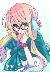 Rule 34 | 1girl, blonde hair, blue eyes, glasses, gradient background, gradient hair, green background, hand on own cheek, hand on own face, haruno sora, long hair, looking at viewer, multicolored hair, red-framed eyewear, simple background, solo, trpg01, upper body, vocaloid, voiceroid