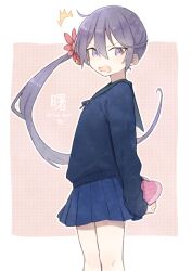 Rule 34 | 1girl, akebono (kancolle), ark kan, arms behind back, bell, blue sailor collar, blue skirt, blush, box, character name, flower, gift, gift box, hair bell, hair flower, hair ornament, heart-shaped box, holding, holding gift, kantai collection, long hair, open mouth, pleated skirt, purple eyes, purple hair, red flower, sailor collar, side ponytail, simple background, skirt, solo, twitter username, valentine, very long hair