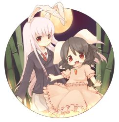 Rule 34 | 2girls, :3, animal ears, bamboo, bamboo forest, black hair, blazer, rabbit ears, female focus, forest, inaba tewi, jacket, kishibe, long hair, moon, multiple girls, nature, necktie, open mouth, pleated skirt, purple hair, red eyes, reisen udongein inaba, short hair, skirt, touhou