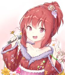 Rule 34 | 10s, 1girl, bad id, bad pixiv id, blush, bracelet, collarbone, daisy, deep shine, feathers, floral print, flower, fur-trimmed kimono, fur trim, gem, gradient background, hair flower, hair ornament, high ponytail, holding, holding microphone, idolmaster, idolmaster cinderella girls, japanese clothes, jewelry, kimono, light particles, looking at viewer, microphone, murakami tomoe, open mouth, pink background, pink eyes, pointing, ponytail, red hair, red kimono, shiny skin, short ponytail, solo, sparkle, teeth, upper body, white flower, wide sleeves, yellow flower