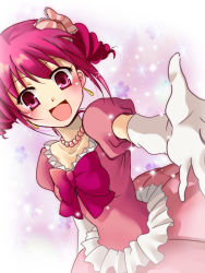 Rule 34 | 10s, 1girl, :d, alternate costume, bad id, bad pixiv id, blush, dress, elbow gloves, gloves, happy, hoshizora miyuki, jewelry, necklace, open mouth, outstretched hand, pearl necklace, pink dress, pink eyes, pink hair, precure, puffy sleeves, r-king, short hair, short twintails, smile, smile precure!, solo, twintails