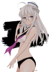 Rule 34 | 1girl, adapted costume, adjusting eyewear, ahoge, bikini, black sailor collar, blue eyes, cowboy shot, dixie cup hat, glasses, grey hair, hat, headgear, heywood l. edwards (kancolle), highres, kantai collection, long hair, looking at viewer, military hat, mismatched bikini, neckerchief, neve (morris-minicooper), official alternate costume, pink neckerchief, round eyewear, sailor bikini, sailor collar, smile, solo, swimsuit