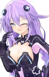 Rule 34 | 1girl, absurdres, bimmy, blue eyes, blush, braid, braided ponytail, breasts, choujigen game neptune, cleavage, gloves, hair ornament, highres, large breasts, long hair, neptune (series), one eye closed, open mouth, power symbol, power symbol-shaped pupils, purple hair, purple heart (neptunia), simple background, solo, symbol-shaped pupils, twin braids, upper body, white background