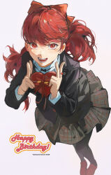 Rule 34 | 1girl, absurdres, birthday, double v, hair ribbon, happy birthday, highres, long hair, long sleeves, looking at viewer, ooc (sylyaoh), open mouth, pantyhose, persona, persona 5, persona 5 the royal, plaid, plaid skirt, ponytail, red eyes, red hair, ribbon, school uniform, shuujin academy school uniform, simple background, skirt, smile, solo, teeth, upper teeth only, v, yoshizawa kasumi