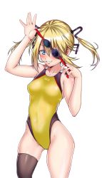Rule 34 | 1girl, absurdres, aiuti, black thighhighs, blonde hair, blue eyes, collarbone, commentary request, competition swimsuit, cowboy shot, girls&#039; frontline, goggles, highleg, highleg swimsuit, highres, long hair, looking at viewer, one-piece swimsuit, parted lips, simple background, single thighhigh, skorpion (girls&#039; frontline), solo, swimsuit, thighhighs, twintails, white background, yellow one-piece swimsuit