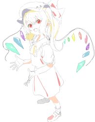 Rule 34 | 1girl, :d, ankle socks, ascot, blonde hair, collarbone, crystal, fang, flandre scarlet, frilled shirt collar, frilled sleeves, frilled socks, frills, from above, from side, full body, greyscale, hair between eyes, hands up, hat, hat ribbon, highres, legs apart, long hair, looking at viewer, looking to the side, looking up, mary janes, mob cap, monochrome, open hands, open mouth, pointy ears, puffy short sleeves, puffy sleeves, red eyes, ribbon, senzaki, shoes, short sleeves, side ponytail, sidelocks, simple background, skirt, skirt set, smile, socks, solo, spot color, standing, touhou, vest, white background, wings, yellow ascot
