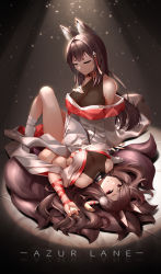 Rule 34 | 2girls, absurdres, akagi (azur lane), akagi (deep crimson poppy) (azur lane), amagi (azur lane), animal ear fluff, azur lane, bare shoulders, breasts, brown hair, brown leotard, brown tail, cleavage, closed eyes, dress, hand on own chest, highres, jfzm001, kitsune, large breasts, leotard, long hair, looking at viewer, lying, multiple girls, multiple tails, off-shoulder dress, off shoulder, official alternate costume, on back, red eyes, red ribbon, ribbon, see-through, tail, taut clothes, white dress