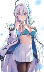Rule 34 | 1girl, alternate costume, black pantyhose, blue archive, blue bra, blunt bangs, bra, breasts, cleavage, coat, collarbone, commentary request, flower, halo, headgear, highres, holding, holding flower, long hair, long sleeves, looking at viewer, medium breasts, natie, navel, noa (blue archive), open clothes, open coat, pantyhose, pleated skirt, purple eyes, sidelocks, simple background, skirt, solo, spaghetti strap, stomach, underwear, white background, white coat, white hair, white skirt