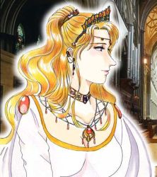 Rule 34 | 1990s (style), 1girl, artist request, blonde hair, blue eyes, breasts, choker, crown, female focus, final fantasy, final fantasy iv, indoors, jewelry, long hair, lowres, necklace, ponytail, robe, rosa farrell, solo, tiara