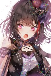 Rule 34 | 1girl, arm ribbon, bad id, bad pixiv id, bang dream!, black gloves, black hair, blush, bob cut, breasts, choker, corset, cropped jacket, floating hair, flower, glint, gloves, hair flower, hair ornament, highres, holding, holding microphone, jacket, jewelry, light particles, looking at viewer, microphone, mitake ran, multicolored hair, music, open clothes, open jacket, open mouth, red eyes, red hair, ribbon, short hair, sidelocks, singing, sleeveless, sleeveless jacket, solo, sparkle, streaked hair, sweat, taya oco, twitter username