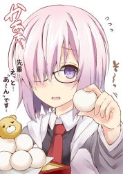 Rule 34 | 1girl, blush, collared shirt, dango, fate/grand order, fate (series), feeding, flying sweatdrops, food, foreshortening, glasses, hair over one eye, holding, holding food, incoming food, looking at viewer, mash kyrielight, necktie, purple eyes, purple hair, reaching, reaching towards viewer, red necktie, rioshi, senpai (phrase), shirt, short hair, simple background, solo, upper body, wagashi, white background