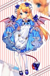 Rule 34 | 1girl, alice (monster girl encyclopedia), apron, blonde hair, blue dress, blue eyes, blush, bow, buttons, closed mouth, clothes lift, demon girl, demon tail, demon wings, dot mouth, dress, dress lift, full body, heart, heart-shaped pupils, highres, horn bow, horn ornament, horns, lifting own clothes, long hair, looking at viewer, monster girl encyclopedia, pointy ears, rnskkn, solo, symbol-shaped pupils, tail, tail bow, tail ornament, white apron, white legwear, wing bow, wing collar, wing ornament, wings