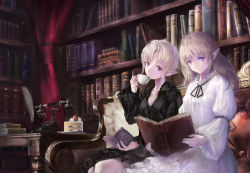 Rule 34 | 2girls, black dress, black ribbon, blonde hair, blue eyes, book, bookshelf, breasts, cake, cleavage, closed mouth, collarbone, couch, curtains, dress, elf, food, frilled sleeves, frills, fruit, haori io, head tilt, holding, holding book, inkwell, long hair, long sleeves, looking at another, medium breasts, multiple girls, neck ribbon, open book, original, phone, pointy ears, quill, ribbon, short hair with long locks, sitting, strawberry, white dress