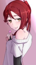 Rule 34 | 1girl, :p, bare shoulders, candy, earrings, fingerless gloves, food, from behind, gloves, hair between eyes, highres, jewelry, jitome, lollipop, long hair, looking at viewer, looking back, love live!, love live! sunshine!!, nasuno (nasuno42), pink background, ponytail, red hair, sakurauchi riko, short sleeves, smile, solo, sweater, tongue, tongue out, upper body, white sweater, yellow eyes