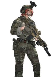 Rule 34 | 1girl, camouflage, combat helmet, expressionless, gloves, green eyes, green jacket, green pants, grey gloves, gun, helmet, highres, jacket, looking at viewer, maxturbo69, military uniform, original, pants, red hair, rifle, sig mcx, solo, suppressor, trigger discipline, uniform, vertical foregrip, weapon, white background, woodland camouflage