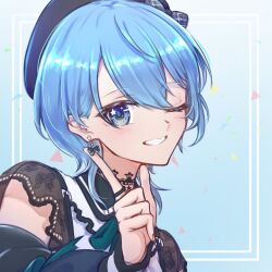 Rule 34 | 1girl, bbyau (yoyosobadgril), beret, blue background, blue eyes, blue hair, casual, commentary, earrings, grin, hair between eyes, hat, hololive, hoshimachi suisei, hoshimachi suisei (streetwear), jacket, jewelry, looking at viewer, off shoulder, official alternate hair length, official alternate hairstyle, one eye closed, see-through, see-through sleeves, single earring, smile, solo, star (symbol), star in eye, symbol-only commentary, symbol in eye, upper body, virtual youtuber