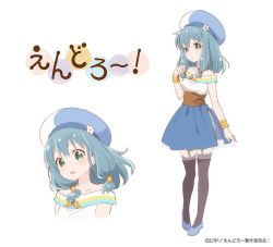 Rule 34 | 1girl, bare shoulders, black thighhighs, blouse, blue brooch, blue footwear, blue hair, blue hat, blue panties, blue skirt, bracelet, breasts, brooch, character sheet, collarbone, commentary request, company name, endro!, flower, flower hat, garter straps, gold bracelet, green eyes, hair between eyes, hat, iizuka haruko, jewelry, layered skirt, light blue hair, logo, looking at viewer, medium breasts, medium hair, meiza endust, official art, open mouth, panties, panty peek, parted lips, pigeon-toed, print shirt, see-through, see-through skirt, shirt, simple background, skirt, sleeveless, sleeveless shirt, standing, thighhighs, tongue, underwear, watermark, white background, white flower, white hat, white shirt