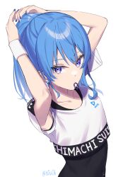 Rule 34 | 1girl, arms up, blue eyes, blue hair, blue nails, character name, covered navel, earrings, hair tie in mouth, highres, hololive, hoshimachi suisei, jewelry, long hair, looking at viewer, mouth hold, simple background, solo, star (symbol), star in eye, stud earrings, symbol in eye, tying hair, upper body, virtual youtuber, white background, wristband, you06