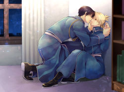 Rule 34 | against wall, amestris military uniform, black footwear, black hair, blonde hair, blue jacket, blue pants, couple, eye contact, full body, fullmetal alchemist, hetero, holding another&#039;s wrist, imminent kiss, indoors, jacket, long sleeves, looking at another, military jacket, on one knee, open mouth, orange eyes, pants, riza hawkeye, roy mustang, short hair, takafuji yuna