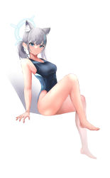 Rule 34 | absurdres, animal ear fluff, animal ears, barefoot, black one-piece swimsuit, blue archive, blue eyes, breasts, competition swimsuit, cross hair ornament, grey hair, hair ornament, halo, highres, invisible chair, low twintails, medium breasts, medium hair, mismatched pupils, multicolored clothes, multicolored swimsuit, one-piece swimsuit, ric (ric rkgk), shiroko (blue archive), shiroko (swimsuit) (blue archive), simple background, sitting, swimsuit, thighs, twintails, white background