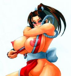 Rule 34 | 1girl, between breasts, breasts, brown eyes, brown hair, curvy, fatal fury, female focus, groin, hand fan, huge breasts, japanese clothes, long hair, nipple slip, nipples, no panties, ponytail, puffy nipples, shiranui mai, simple background, solo, the king of fighters, white background, wrato