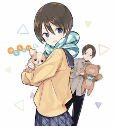 1boy 1girl :d animal black_hair black_pants blue_eyes blue_sailor_collar blue_skirt blush cardigan dog from_side grey_shirt hair_between_eyes highres holding holding_animal holding_dog holding_toy kiya_machi long_sleeves looking_at_viewer looking_to_the_side motosu_school_uniform open_mouth pants plaid_clothes plaid_skirt pleated_skirt sailor_collar saitou_ena scarf school_uniform serafuku shirt short_hair simple_background skirt smile standing stuffed_animal stuffed_toy teddy_bear toy triangle upper_body white_background yellow_cardigan yurucamp