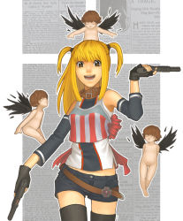 Rule 34 | 00s, 1girl, 3boys, amane misa, angel, belt, belt skirt, black wings, blonde hair, death note, dual wielding, gun, handgun, hands on own hips, holding, jelobee, multiple boys, open mouth, pistol, short shorts, shorts, smile, thighhighs, two side up, weapon, wings, yagami light