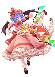 Rule 34 | 14mango, 2girls, ascot, bat wings, blonde hair, blue hair, closed mouth, crystal wings, dress, flandre scarlet, frilled dress, frills, full body, hat, hat ribbon, highres, hug, hug from behind, mary janes, mob cap, multiple girls, red ascot, red ribbon, remilia scarlet, ribbon, shoes, short hair, siblings, simple background, touhou, twins, white background, wings, wrist cuffs